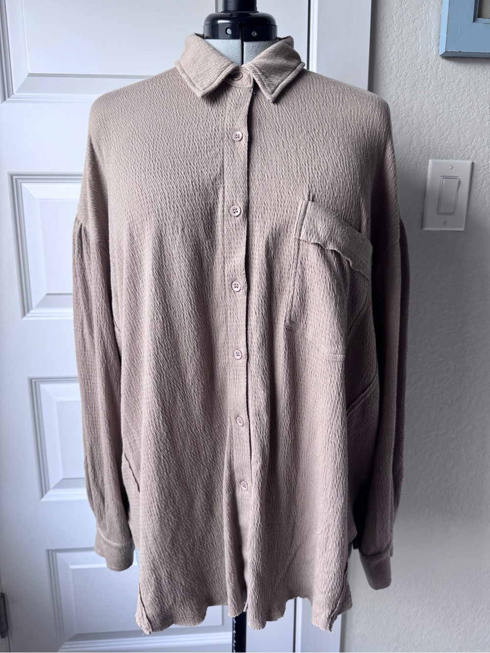 Oversized Button-Down Shirt in Taupe